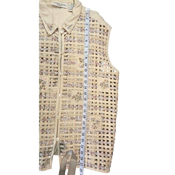 VTG 90s Woven Vest Cream Cotton Linen 2X Victoria Jones Woman Floral Embroidery - Picture 15 of 15